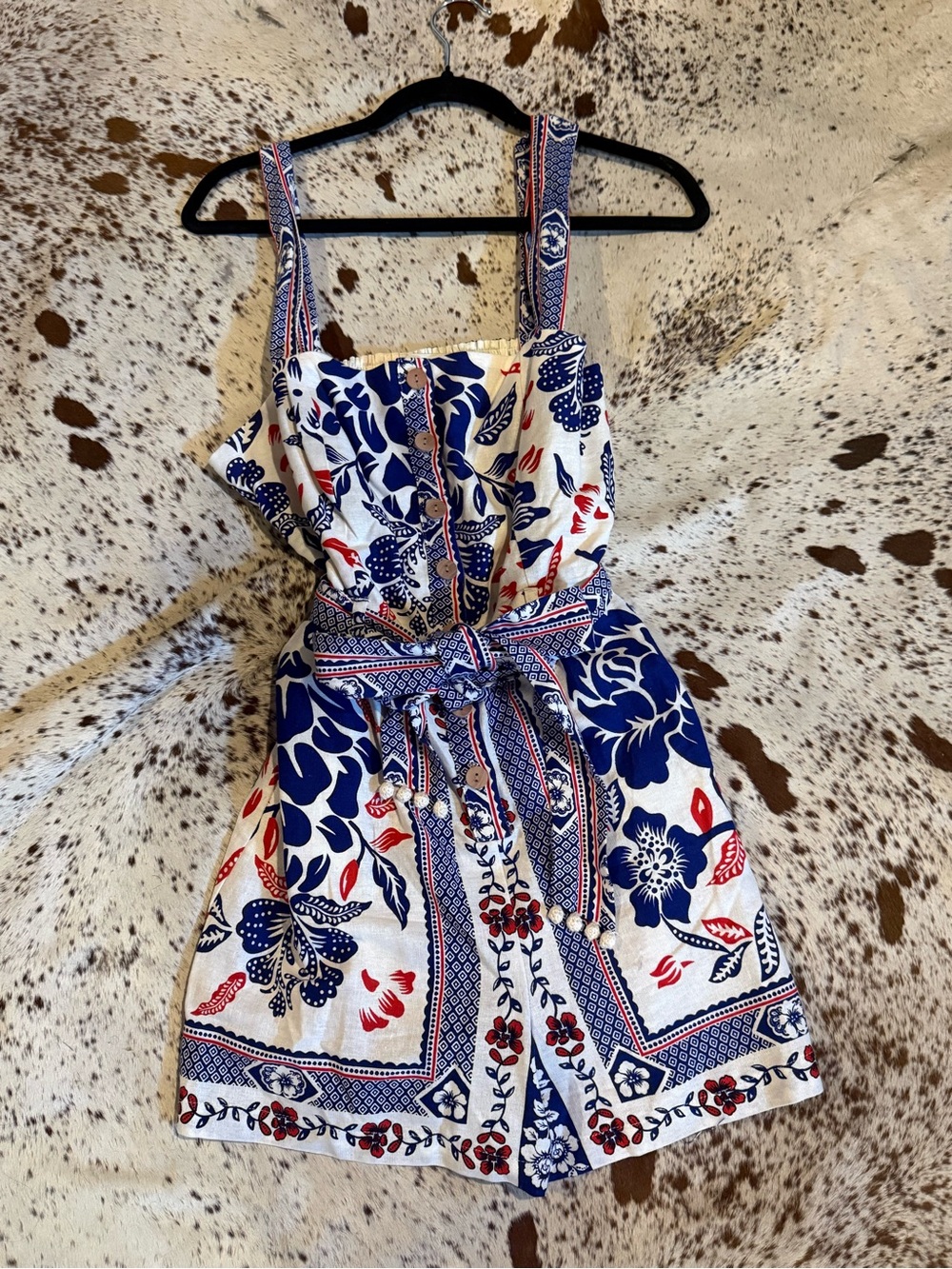 Farm Rio look- Navy, White & Red Floral Romper